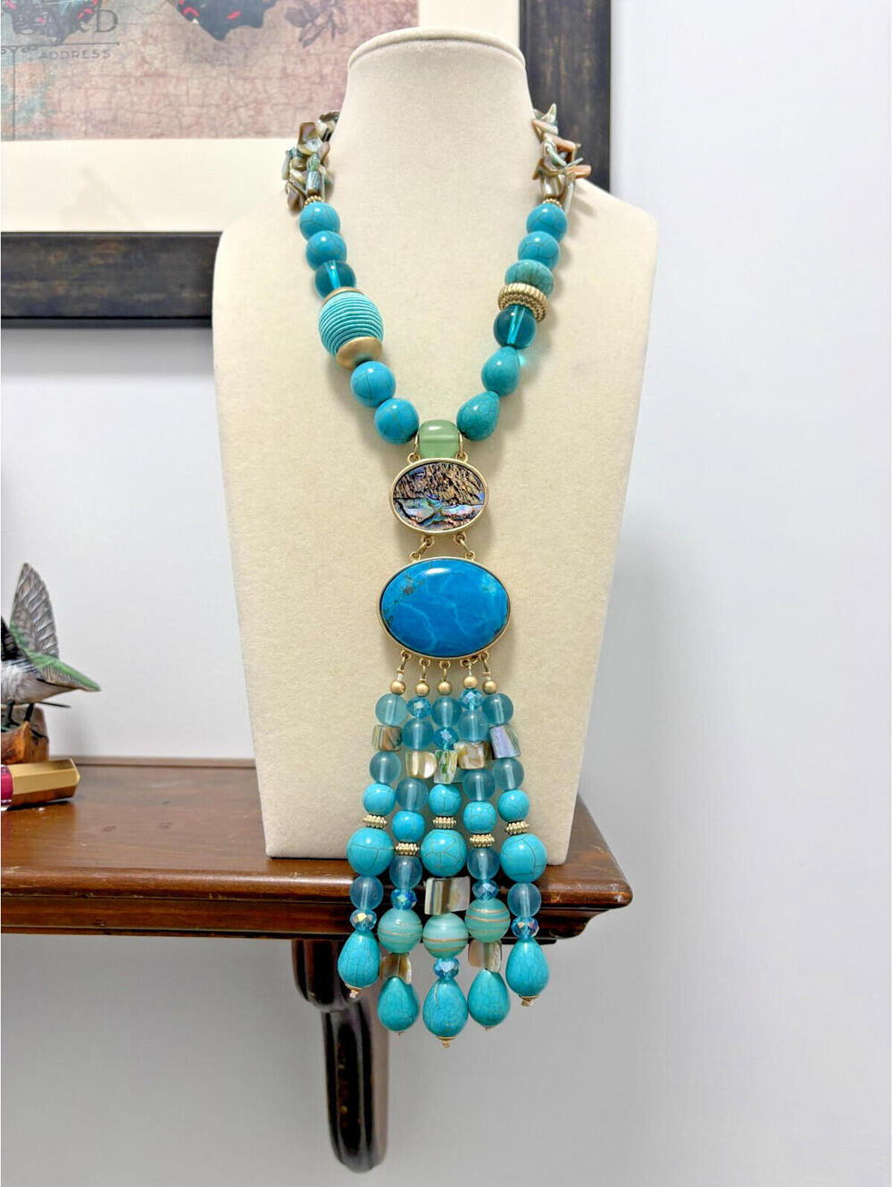 Chico's Mixed Abalone Shell Howlite Turquoise Long Pendant Necklace Boho Bold